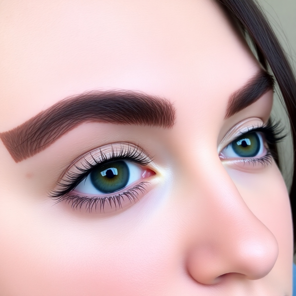 A close-up image of beautifully tinted eyebrows and eyelashes, showing the rich color and natural appearance. Use soft lighting to enhance the color, with a simple background. The model's eyes should be expressive and captivating.