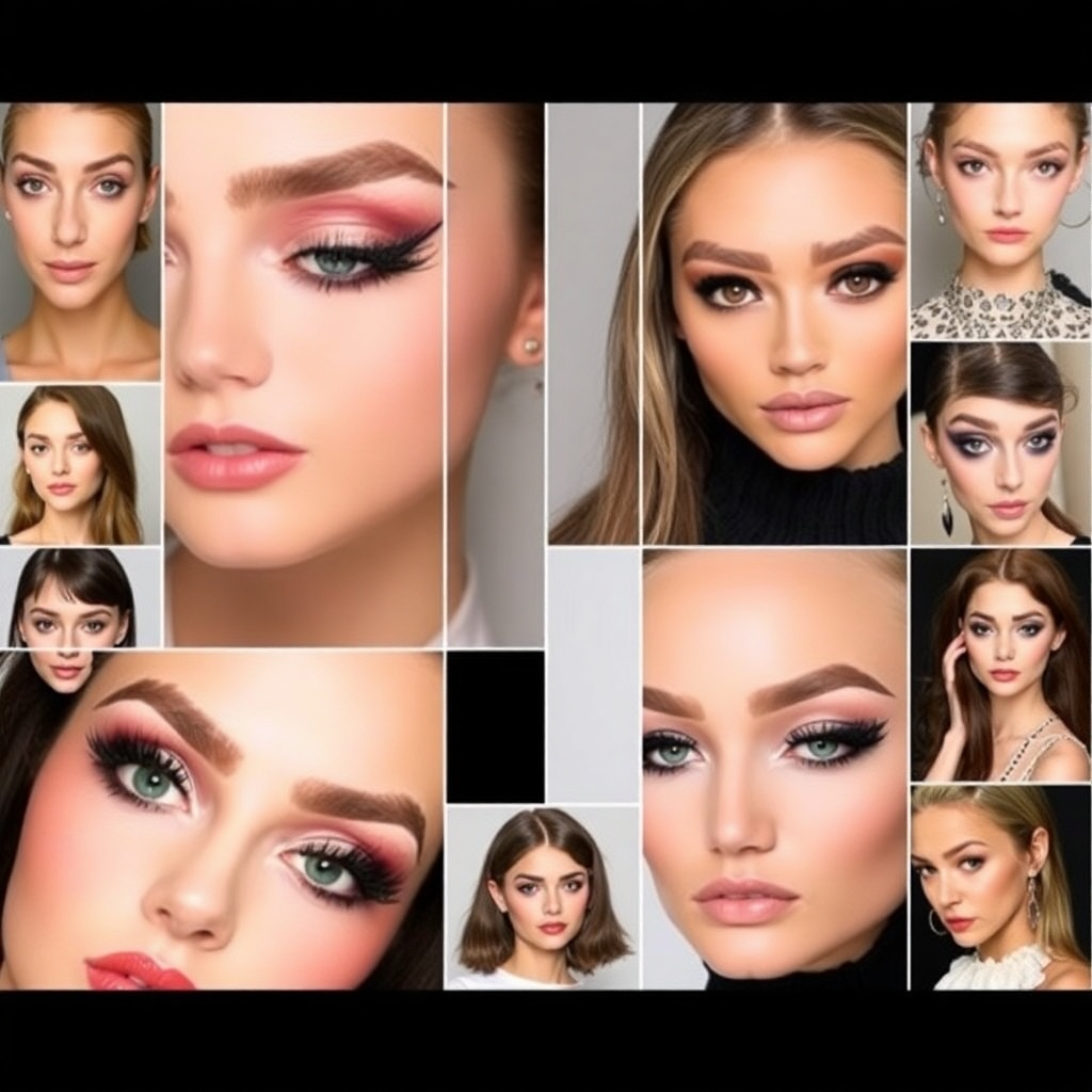 Create a collage of images showcasing current trends in eyelash and eyebrow styling. Include a variety of looks and styles, highlighting the creativity and versatility of the field. The images should be modern and trendy, reflecting the latest fashions.