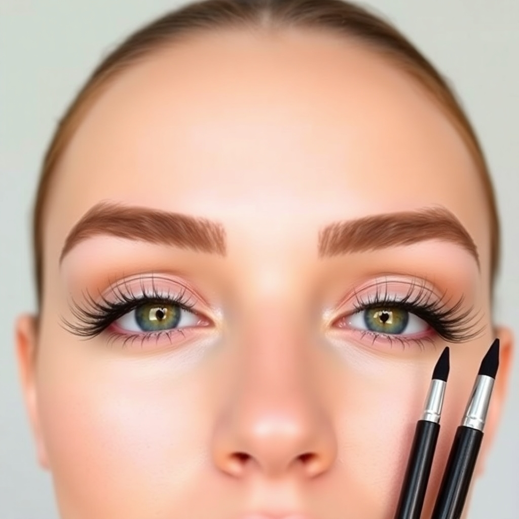 Create a photorealistic image of a model with beautifully shaped eyebrows and long, full eyelashes. Use soft lighting and a neutral background. Focus on the details, showing the texture and volume of the lashes and brows. The style should be clean and modern, emphasizing natural beauty. Include high-quality brushes or eyebrow pencils as props.