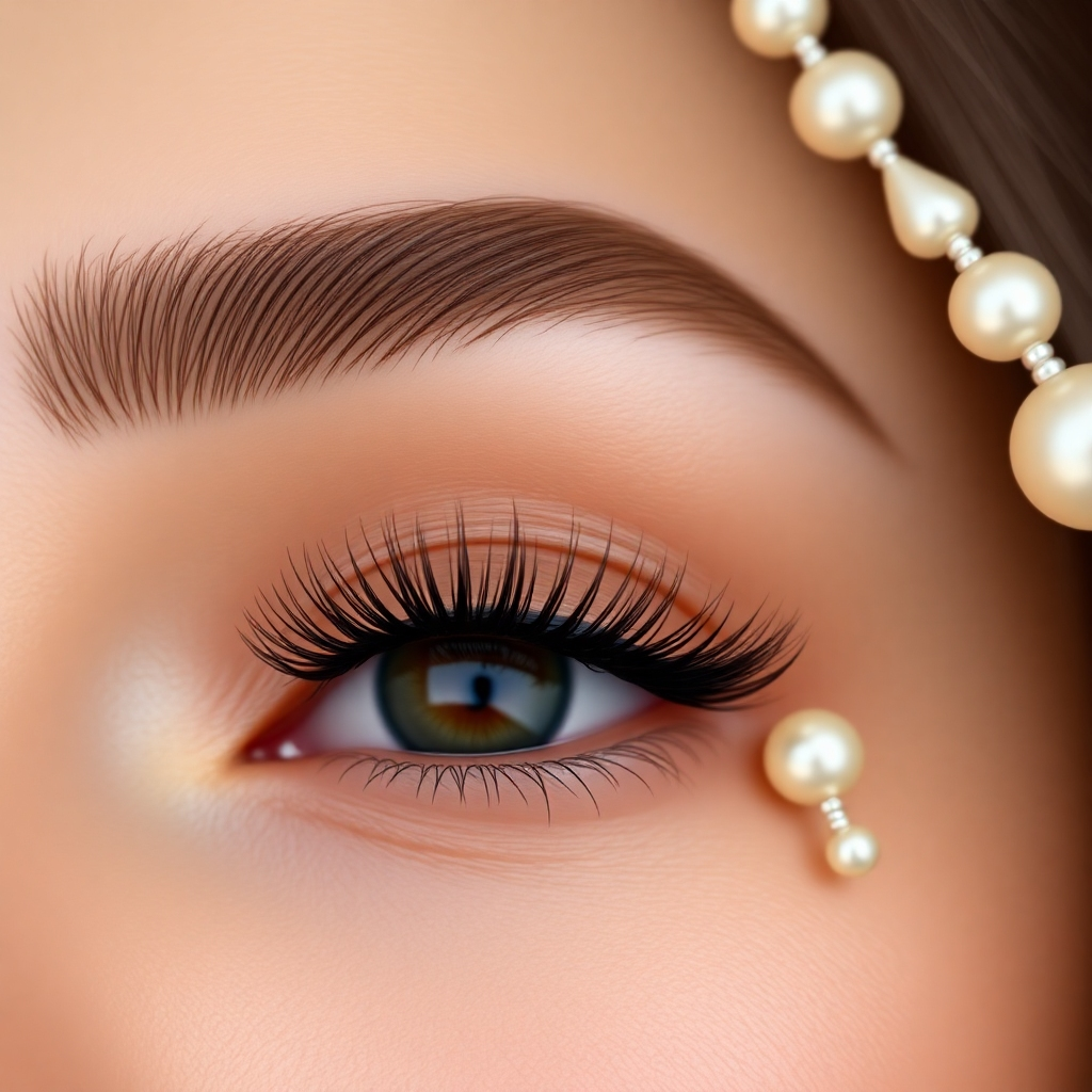 Create a photorealistic, ultra-high-quality 8K resolution image for NLash Room, a beauty eyelashes room. The image should be hyperrealistic, showcasing a close-up of a model's eye with impeccably styled eyelashes and eyebrows. The eyelashes should appear long, full, and naturally curled, with a subtle, glossy sheen. The eyebrows should be well-groomed and shaped, complementing the eyes. The lighting should be soft and diffused, creating a glamorous yet natural look. The color palette should be warm and inviting, with soft browns, golds, and beiges, emphasizing the natural beauty of the features. The camera angle should be slightly elevated, looking down at the eye, creating an intimate and flattering perspective. The texture of the eyelashes and eyebrows should be clearly visible, highlighting their softness and fullness. The environment should be clean, modern, and minimalistic, with a neutral background to avoid distractions. Include subtle, elegant props such as a small, luxurious-looking brush or a single, perfectly placed pearl, to enhance the overall aesthetic. Style references could include beauty photography by Annie Leibovitz or Patrick Demarchelier, aiming for a sophisticated and luxurious feel. The focus is on achieving a highly detailed and realistic image that conveys the quality and artistry of NLash Room's services.