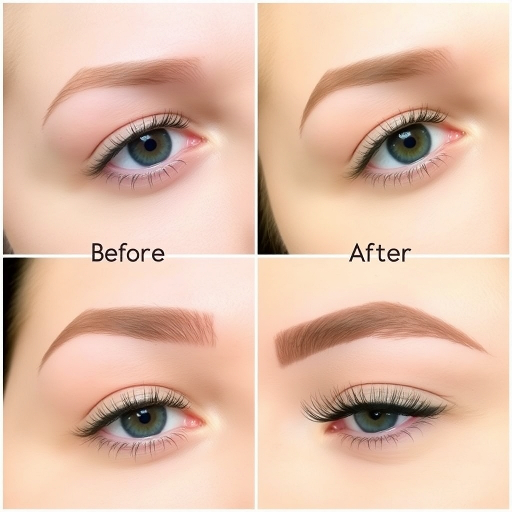 Create a series of images that demonstrate the before and after effects of professional eyelash and eyebrow treatments. Highlighting the transformative nature of the treatments. The images should be clear, before and after showcasing noticeable improvements in the client's appearance. The style should be natural and show the effectiveness of the treatments.
