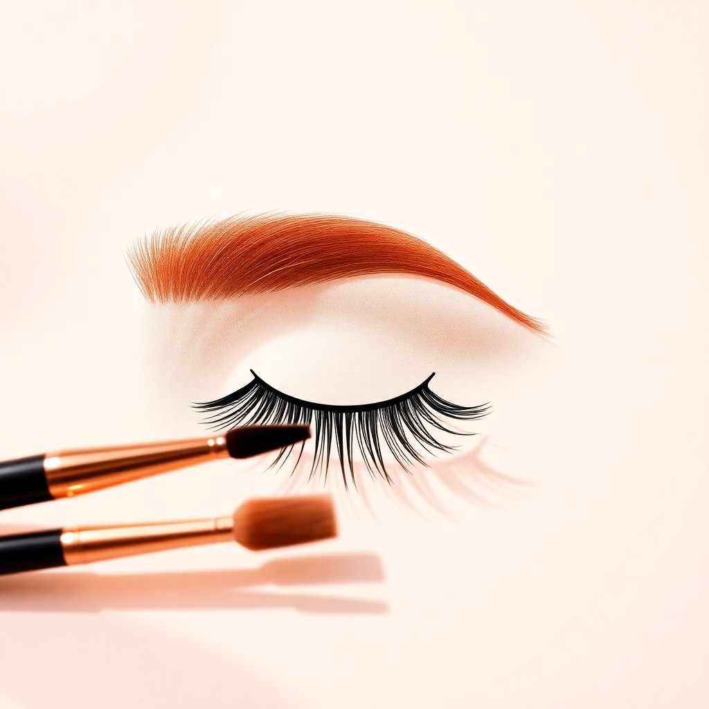 Generate a stylized 4K image representing the essence of NLash Room. The image should evoke feelings of luxury and pampering. The subject matter could be abstract, focusing on the textures and shapes of eyelashes and eyebrows. The composition should be clean and modern, utilizing negative space effectively. The lighting should be soft and elegant, emphasizing subtle contrasts and textures. The color palette should incorporate rich, warm tones, with hints of gold or rose gold. The camera angle should be slightly offset, creating a sense of depth and intrigue. The overall style could draw inspiration from art deco or minimalist design, aiming for a sophisticated and luxurious feel. Relevant props could include brushes, high-quality cosmetics or abstract shapes representing the curves of lashes and brows. High-quality textures are crucial, bringing visual appeal and reflecting the elegance of the brand.