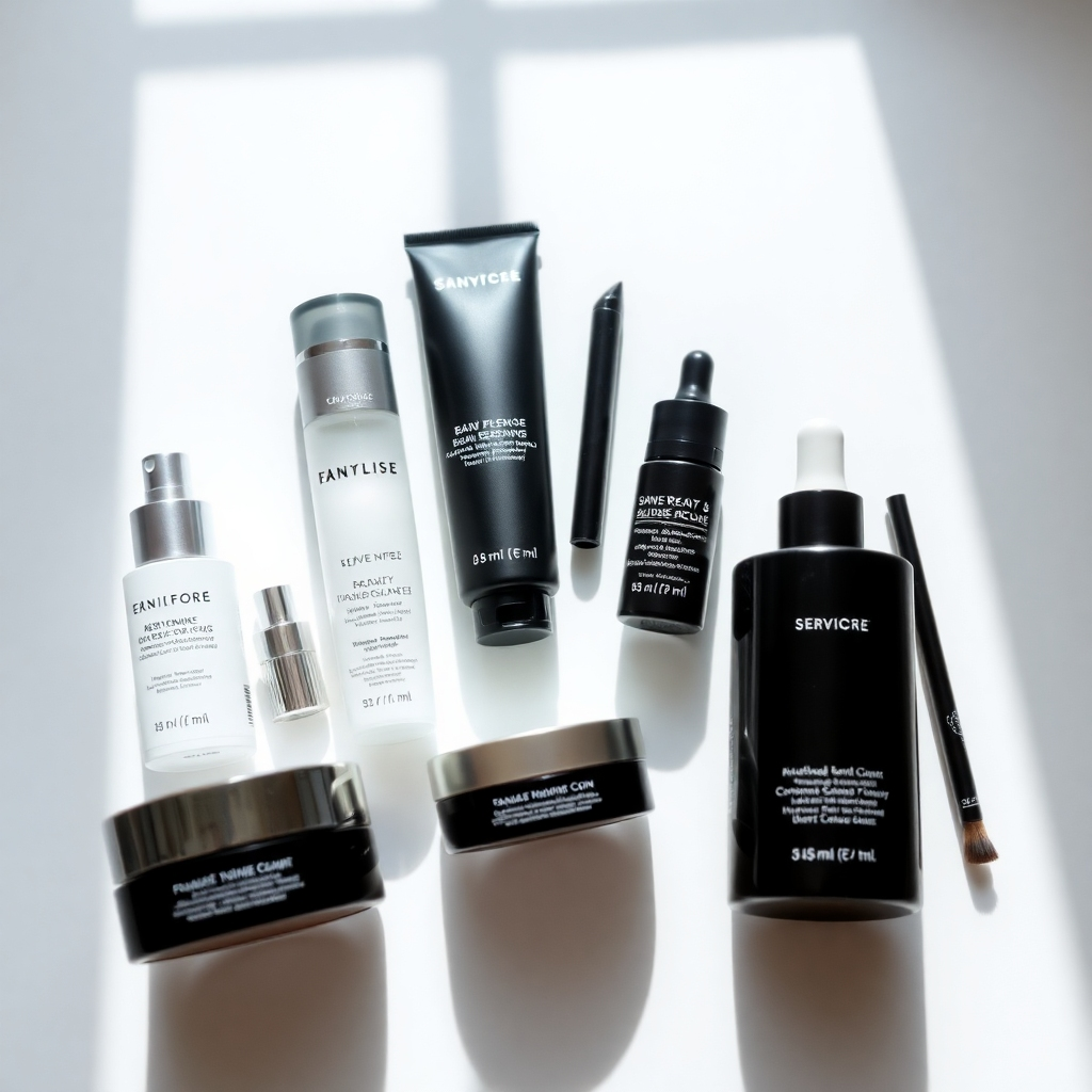 Show a collection of high-quality products for eyelash and eyebrow care, laid out on a clean, modern surface. Use soft, natural lighting to highlight the details of the products. The style should be clean and minimalist, creating a sense of luxury.