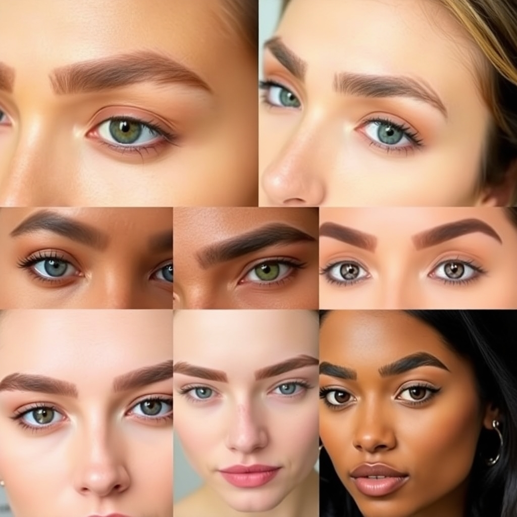 Show close-up images of different eyebrow shapes and styles. Use a variety of models with diverse facial features. The lighting should be soft and even. The style should be aspirational, showcasing a range of possibilities.