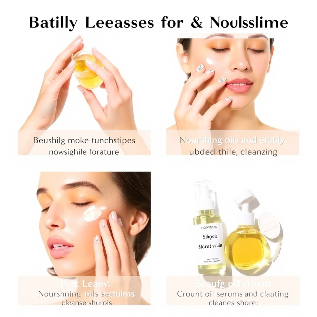 Use vibrant imagery that shows the daily cleansing and nourishing techniques. Include visuals of nourishing oils, serums, and cleansing products. The style should be clean, modern, and instructional.